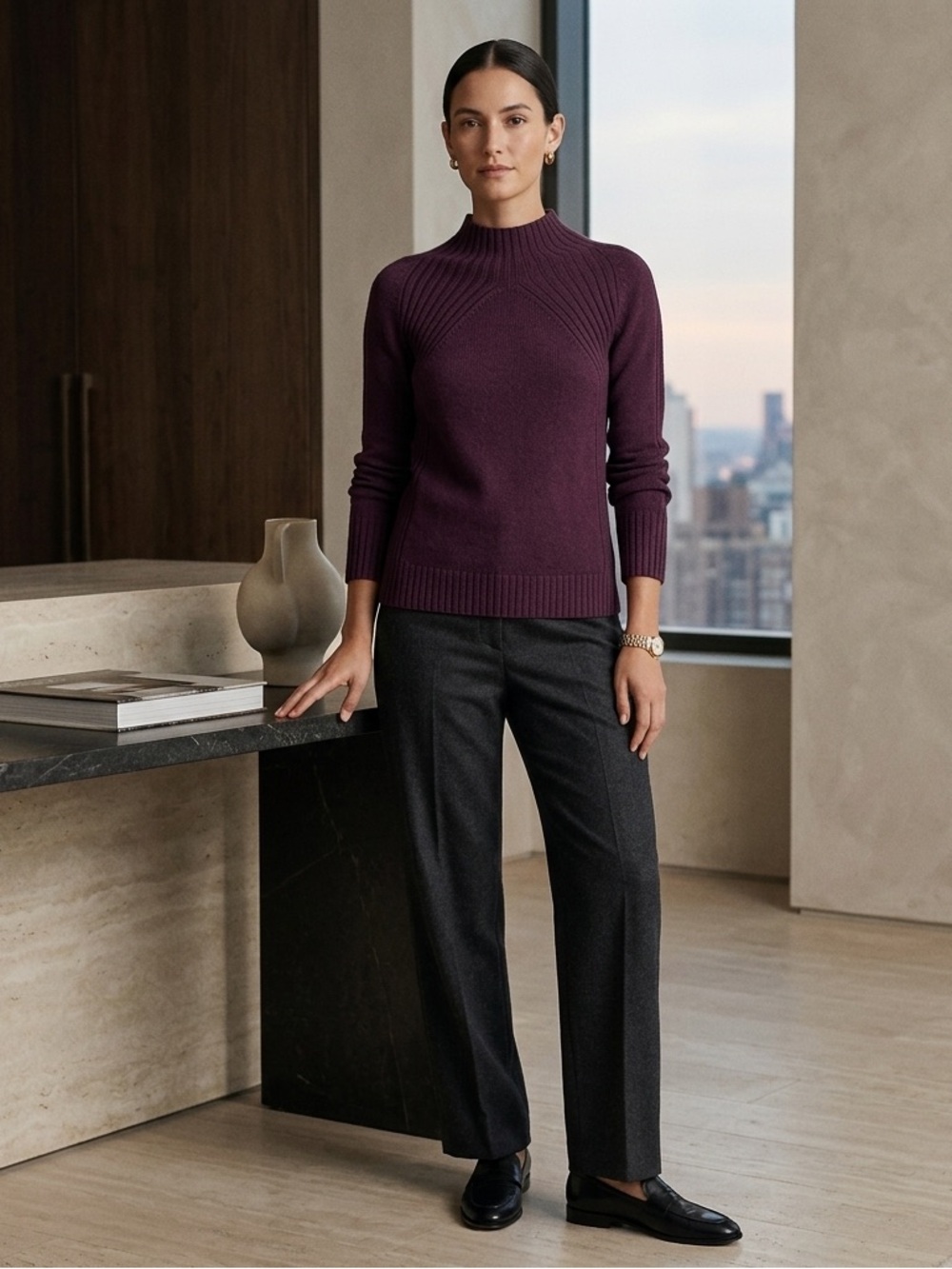 Talbots SP Merino Wool Blend Ribbed Mock Neck Sweater Burgundy Wine Minimalist